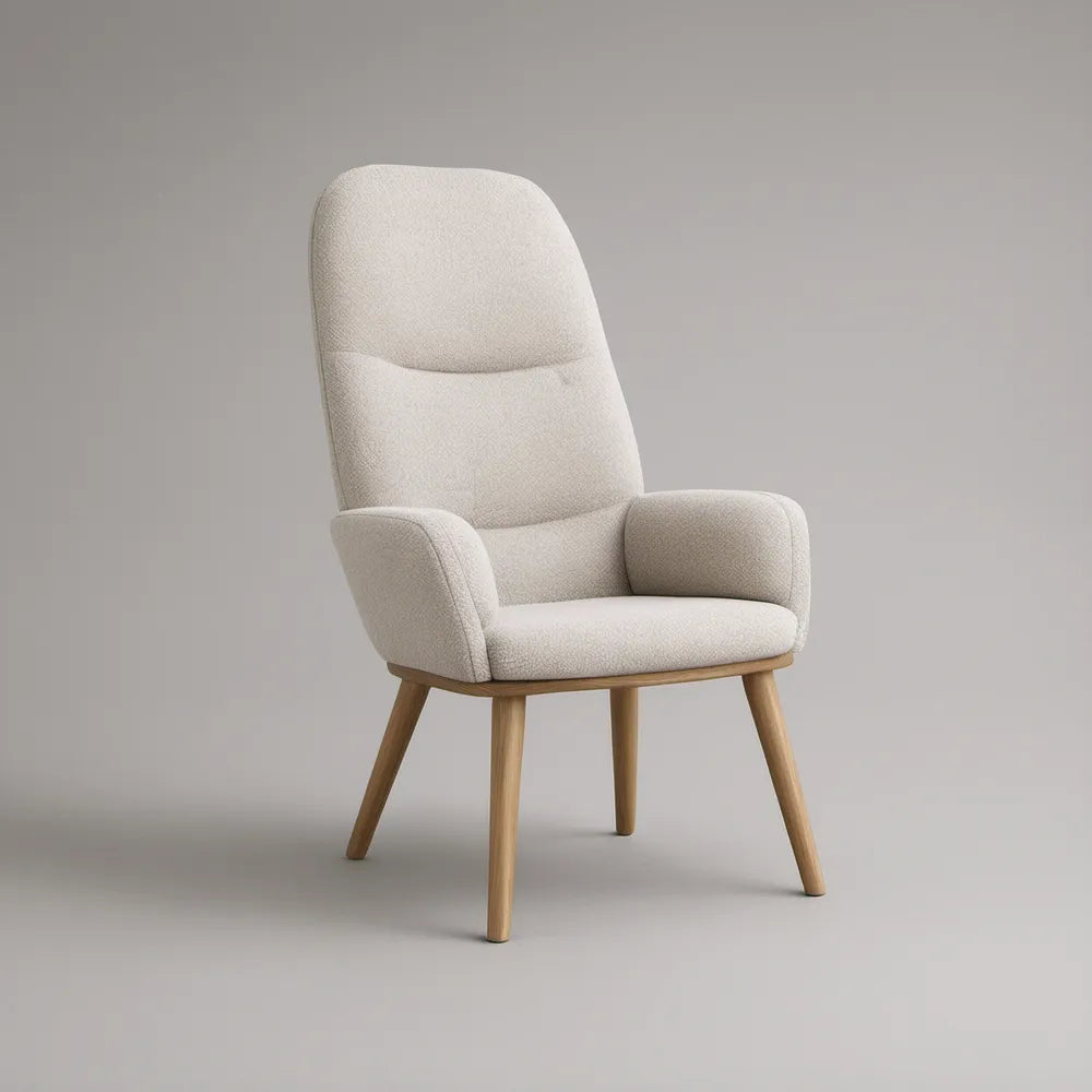 Poltrona com Encosto Alto em Poliéster Creme e Pernas em Madeira Natural, 70 x 78 x 103 cm