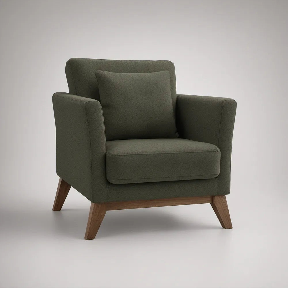 Poltrona em Poliéster Verde-oliva com Pés em Madeira Maciça, 82 x 85 x 88 cm