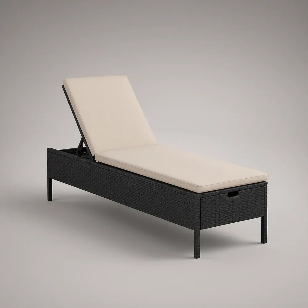 Espreguiçadeira de jardim reclinável em vime PE preto com almofada creme, 200 x 65 x 37 cm