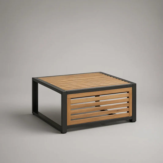 Mesa de Centro de Jardim Retangular com Arrumação em Alumínio e Madeira Maciça de Acácia, Preto e Castanho Natural, 100 x 60 x 45 cm