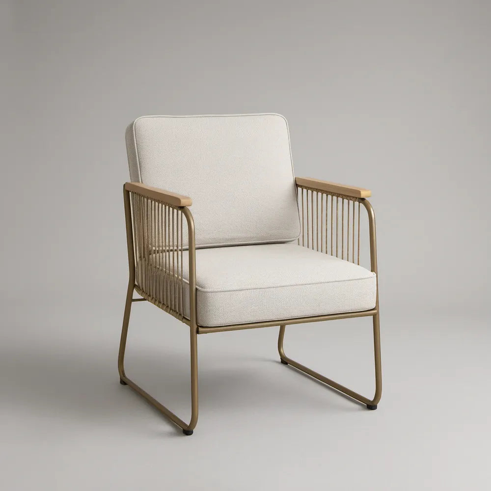 Poltrona Estofada Bege e Castanha em Aço e Faia 68 x 75 x 84 cm