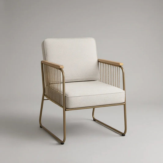 Poltrona Estofada Bege e Castanha em Aço e Faia 68 x 75 x 84 cm