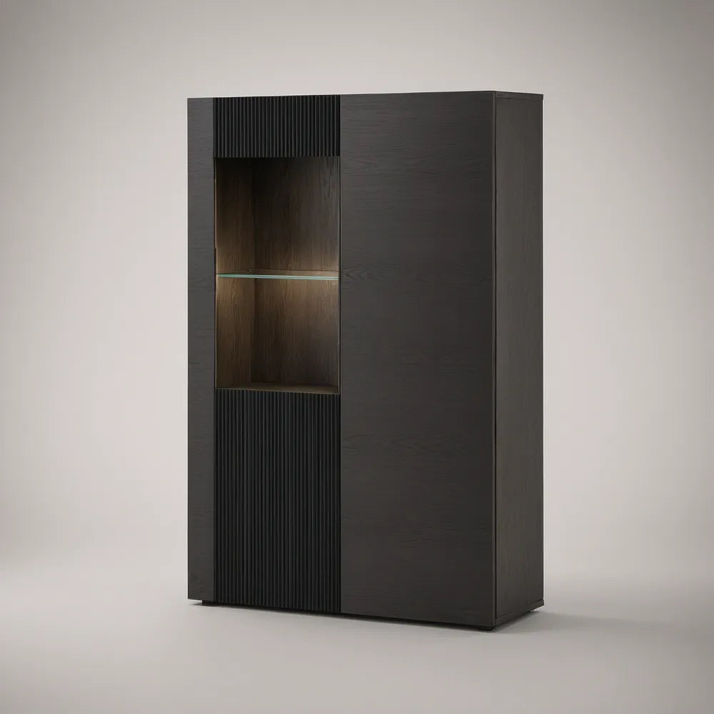 Armário Alto em MDF Preto e Castanho-Escuro com Nicho e Prateleira de Vidro, 90 x 40 x 180 cm