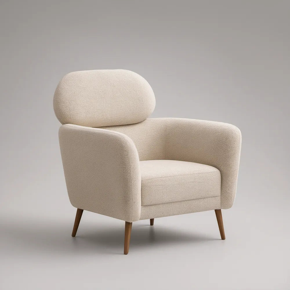 Poltrona Contemporânea em Bouclé Bege com Pernas Castanhas, 76 x 82 x 92 cm