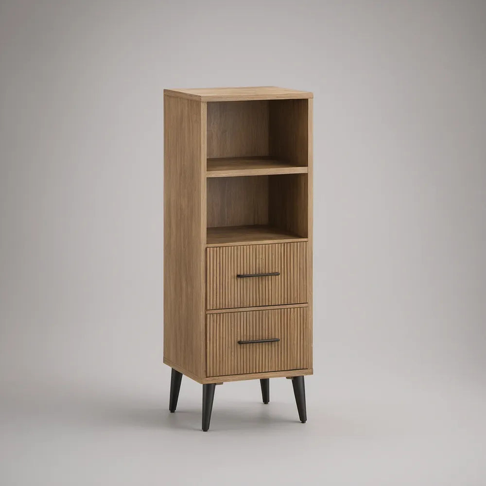 Armário Alto em MDF Carvalho Natural e Preto com 2 Nichos e 2 Gavetas, 60 x 40 x 150 cm