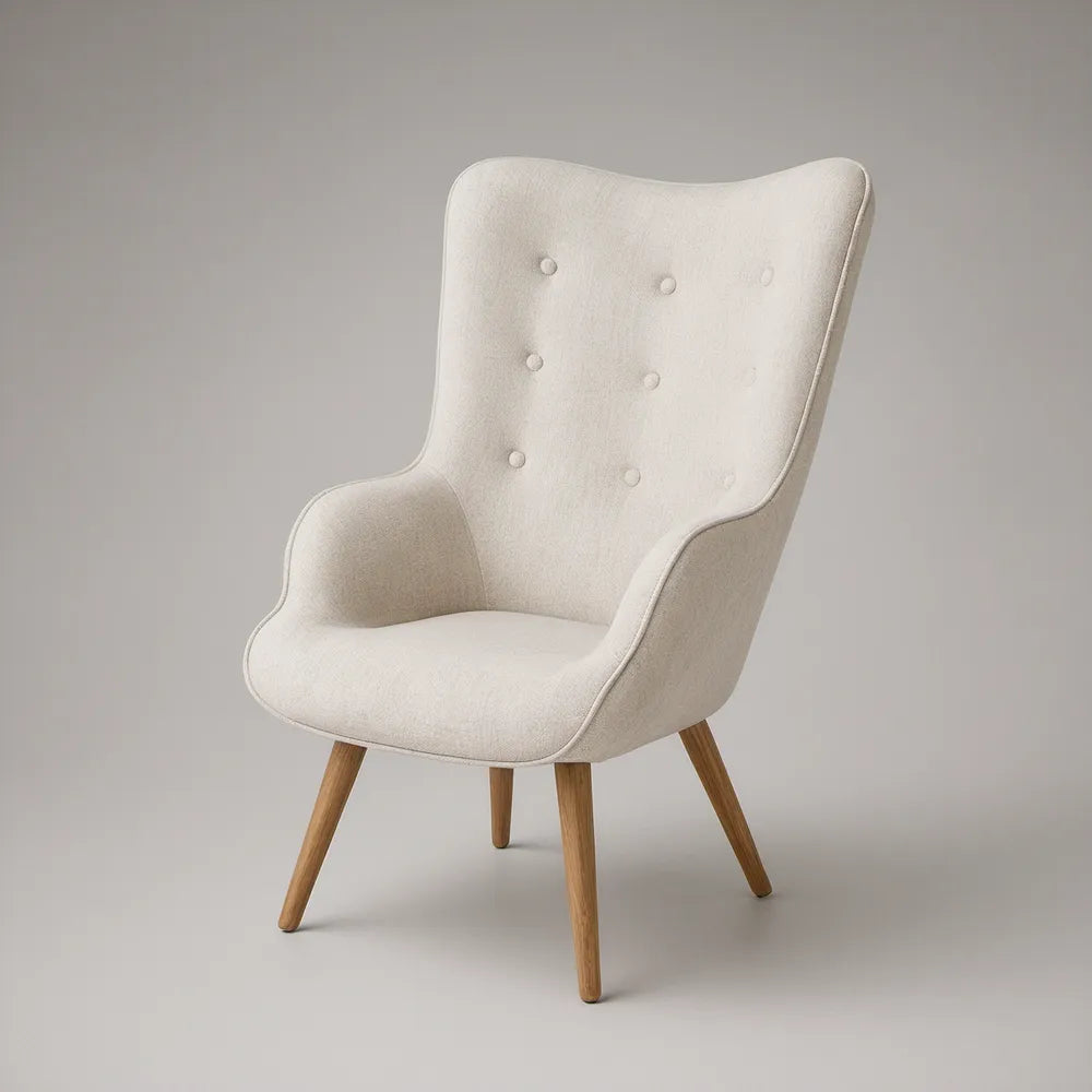 Poltrona Orelheira Estofada Bege com Pernas em Madeira Maciça, 75 x 82 x 105 cm