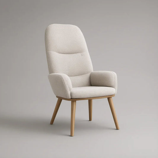 Poltrona com Encosto Alto em Poliéster Creme e Pernas em Madeira Natural, 70 x 78 x 103 cm