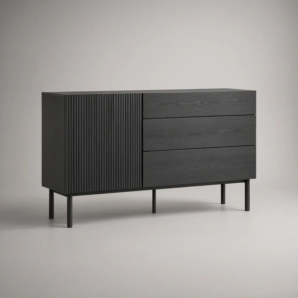 Aparador Preto em MDF com Porta Canelada e 3 Gavetas, 140 x 40 x 80 cm