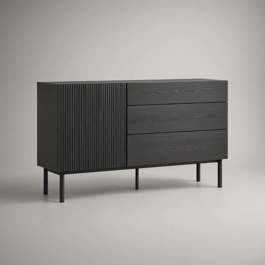 Aparador Preto em MDF com Porta Canelada e 3 Gavetas, 140 x 40 x 80 cm