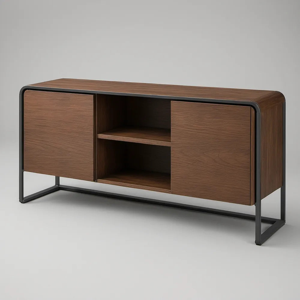 Aparador em MDF Nogueira e Aço Preto com 2 Portas Deslizantes, 140 x 40 x 80 cm
