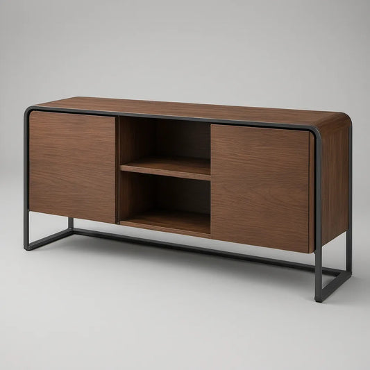 Aparador em MDF Nogueira e Aço Preto com 2 Portas Deslizantes, 140 x 40 x 80 cm