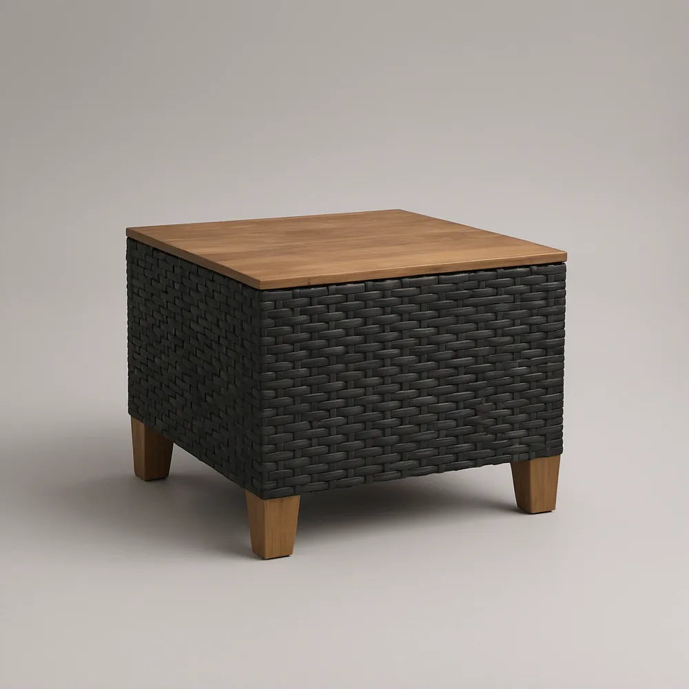 Mesa Auxiliar de Jardim Quadrada em Vime PE Preto e Madeira de Acácia, 50 x 50 x 50 cm