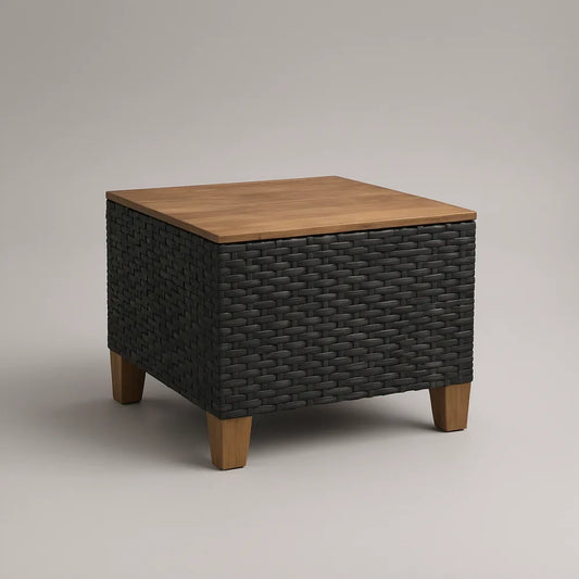 Mesa Auxiliar de Jardim Quadrada em Vime PE Preto e Madeira de Acácia, 50 x 50 x 50 cm